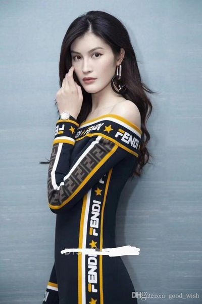 

High end women de igner dre printing double f long leeved wai t lim knitting dre