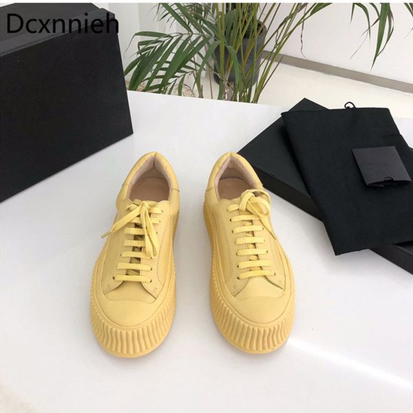 

dcxnnieh fall genuine leather thick sole casual shoes woman lace up round toe comfort platform shoes black yellow flat