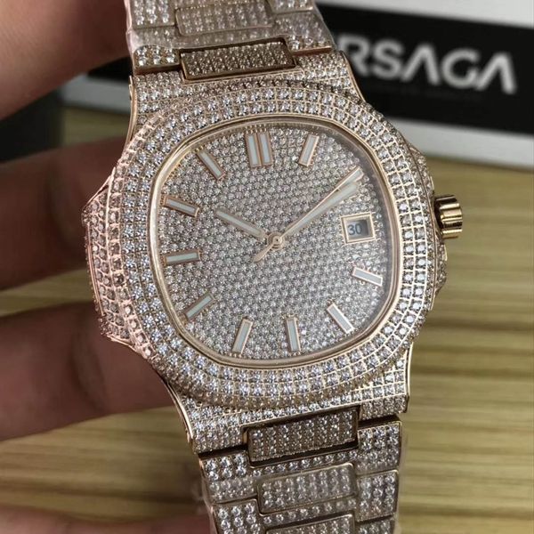 

luxury mens watch full diamond 40mm automatic mechanical wrist watch stainless steel men's watches male sports wristwatch, Slivery;brown