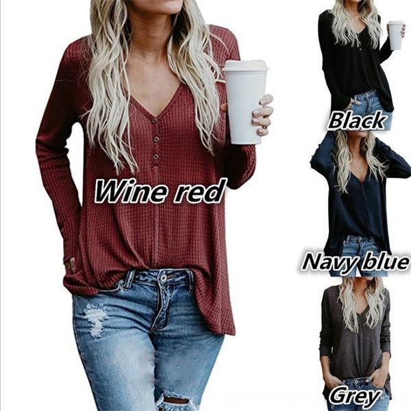 

2019 solid color button button v-neck long-sleeved lady base t-shirt, White