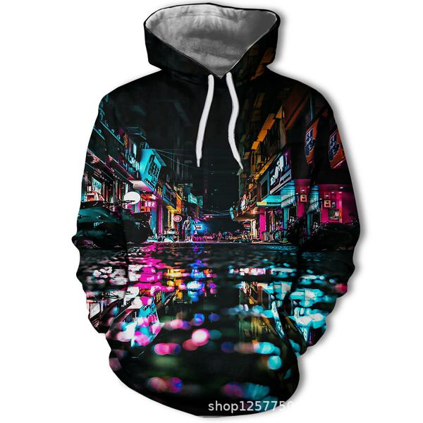 

mens designer night street scenery 3d digital printing sweater, Black