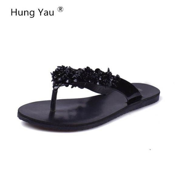 

women rivets flat slippers girls flip flops summer style non-slip shoes cool beach rhinestone slippers sandals zapatos mujer, Black