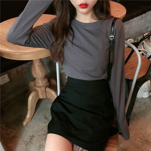 

women lady long sleeve round collar casual solid color t-shirt for autumn kng88, White
