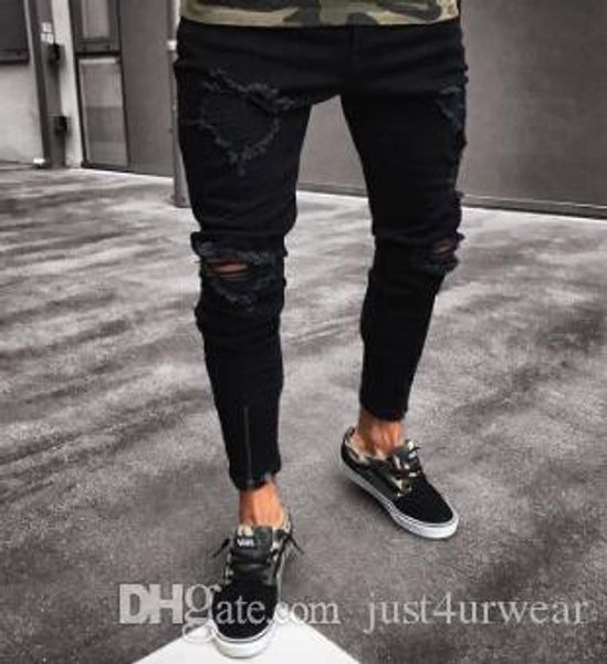 

black pants for men hip hop rock holes ripped jeans biker slim fit zipper jean distressed pants, Blue