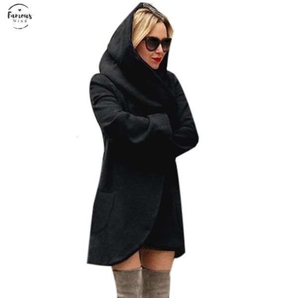

women winter polyester woolen hooded thin casual loose ladies coat hoodies jacket overcoat girl conventional pocket thin coat, Black