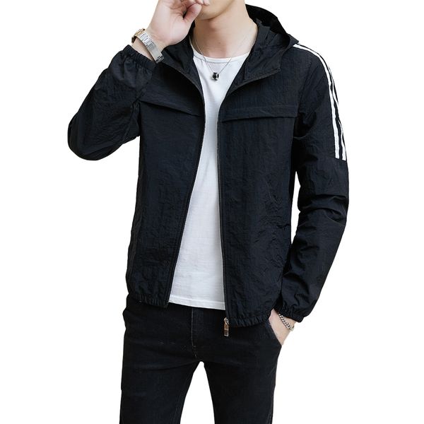 

new spring autumn bomber hooded jacket men casual slim sunscreen windbreaker jacket male outwear zipper thin coat brand clothing, Tan;black