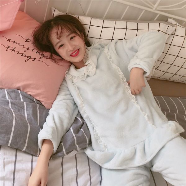 

winter women pajamas sets korean version of the new lace stitching coral velvet doll collar flannel warm ladies sleepwear, Blue;gray