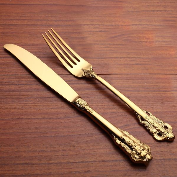 

luxury stainless steel cutlery set golden color spoon knife fork flatware gold royal luxury vintage wedding dinner