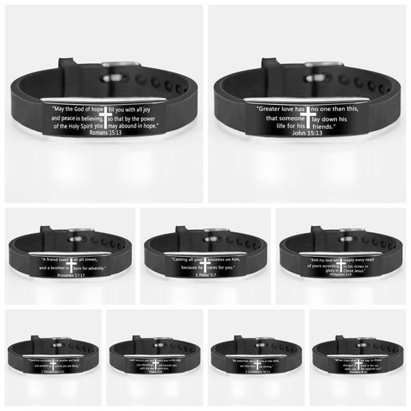 

adjustable silicone cross bracelet for women men bangle watch band design stainless steel christ cross prayer male jewelry, Black