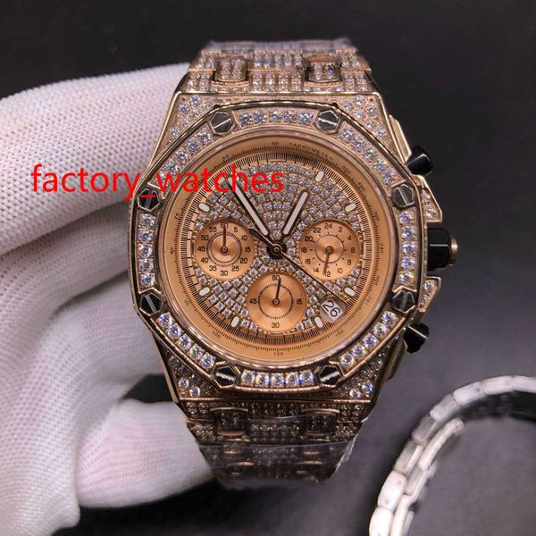 

diamond men watch vk chronography quartz movement watches rose gold stainless steel sports watch full iced out watch, Slivery;brown