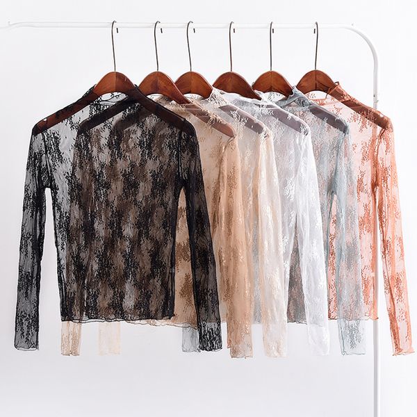 

2019 spring summer women lace blouses shirt women mesh blouses see-through long sleeve black dot star striped shirt blouse, White