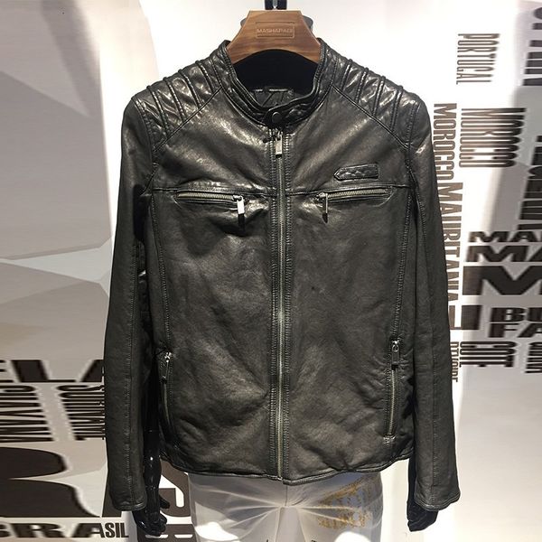 

новый овчины мотоцикл из натуральной кожи куртка мужская воротник стойка moto байкер куртка на молнии черный короткие пальто натуральной кож, Black