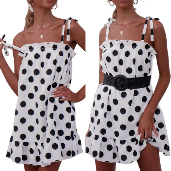 

ladies women's summer polka dot strappy mini shirt dress ruffle holiday sundress, Black;gray