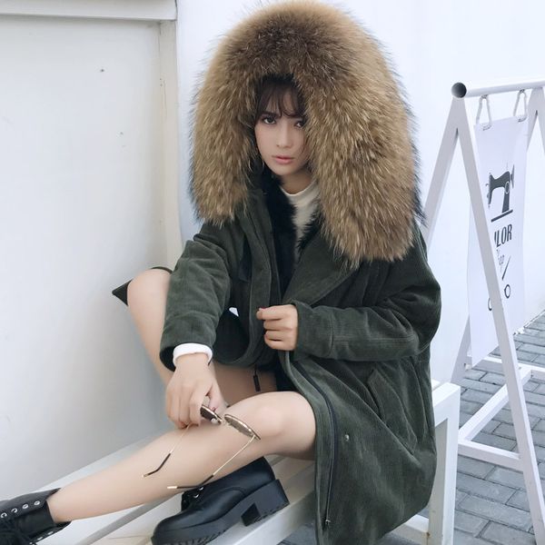

large raccoon dog fur collar hooded women's real wool liner parkas women corduroy coats 2018 autumn winter, Black
