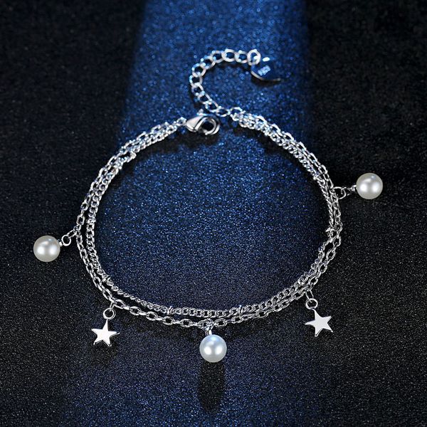 

anenjery 925 sterling silver double layered star bracelet imitation pearl bracelets for women girl fashion jewelry gifts s-b230, Black