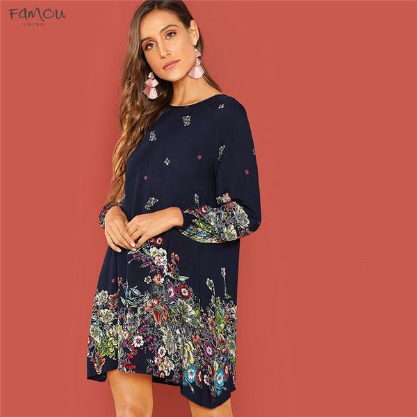 

Contrast Lace Back Floral Trapeze Round Neck Long Sleeve Dress Autumn Casual Women Spring Short Keyhole Dresses