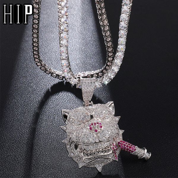 

hip hop bling iced out cubic zircon cz dog pendants & necklaces copper necklace for men rapper jewelry with tennis chain, Silver