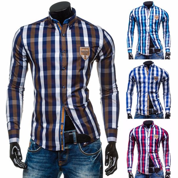 

zogaa 2019 fashion casual long sleeve fashion grid shirts male slim fit hit color plaid mens camisas dress shirts man clothes, White;black