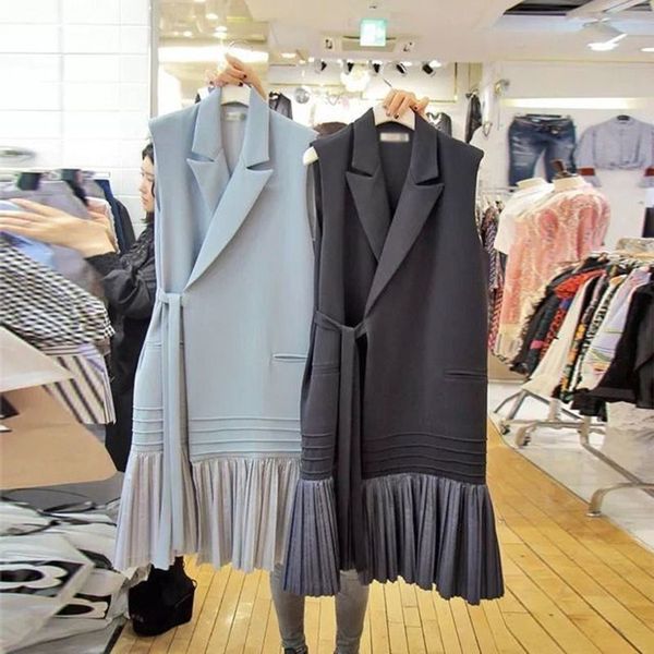 

2019 autumn winter long vest sleeveless jacket coat women woolen waistcoat korea lady slim pleated vest with belt outwear gilet, Black;white
