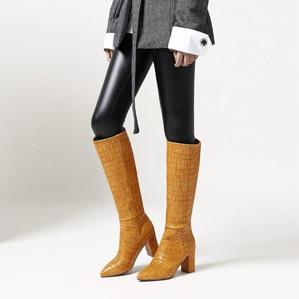 

autumn women boots thick heel knee high boots pointed toe winter cowboy boot fashion western black white blue women