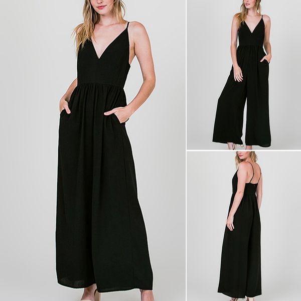 

rompers womens jumpsuit clothes fashion women black v-neck strap sleeveless cold shoulder high waist long jumpsuits #c, Black;white