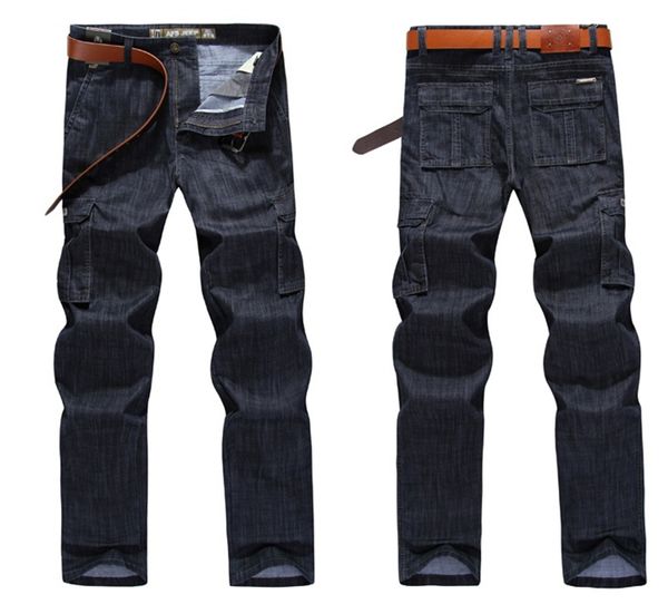

designer cargo jeans men big size 29 -40 44 casual denim military multi -pocket jean male clothes jeans mens jeans, Blue