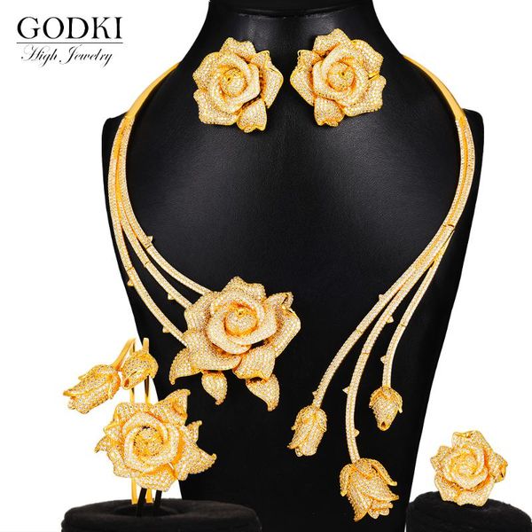 

godki trendy luxury 4pcs flower nigeria statement jewelry sets for women wedding full cubic zircon dubai bridal jewelry set 2020, Silver