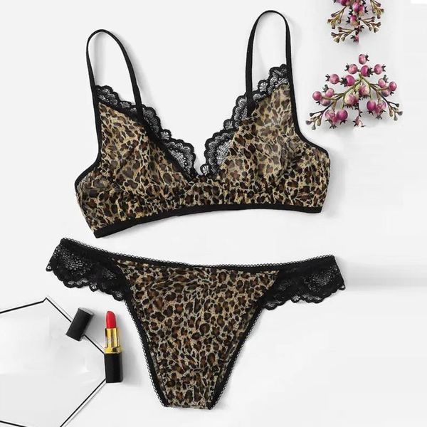 

lace bra sets women seamless leopard print bralette wireless breathable underwear lingerie set plus size s-2xl #w, Red;black
