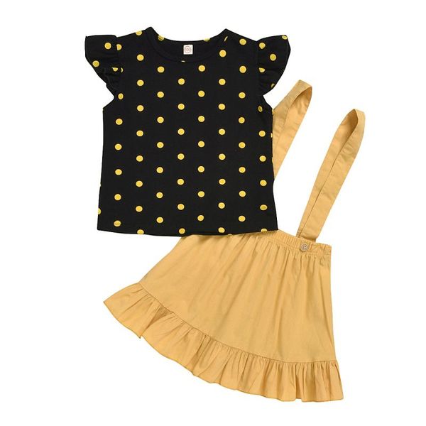 

лето baby girl flare рукав хлопок горошек печати футболка блузка ремень юбки повседневные наряды набор, White