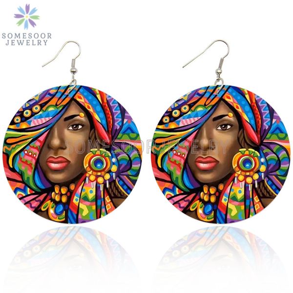 

somesoor afrocentric ethnic fabric headwrap design wooden drop earrings colorful black culture painted wood loops for women gift, Silver