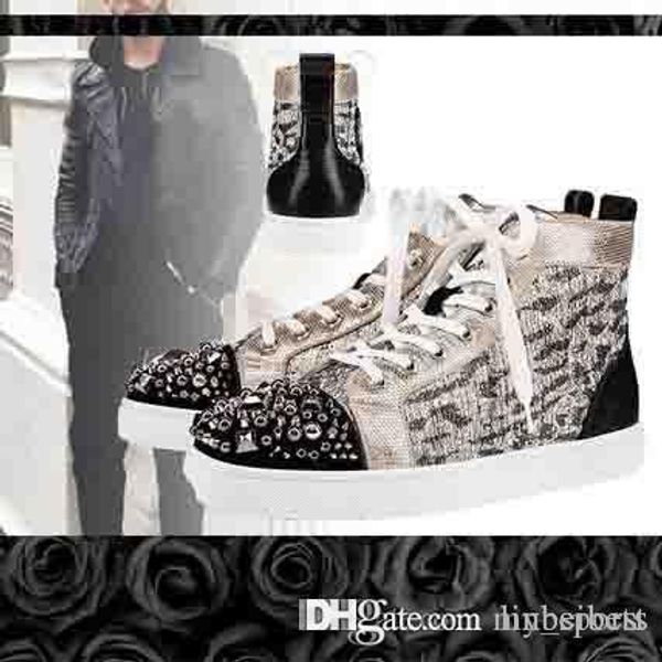 

19 new men's red bottom spiked sneakers flat catelight with leopard patterns blended fabrics studded sneakers super quality discou, Black