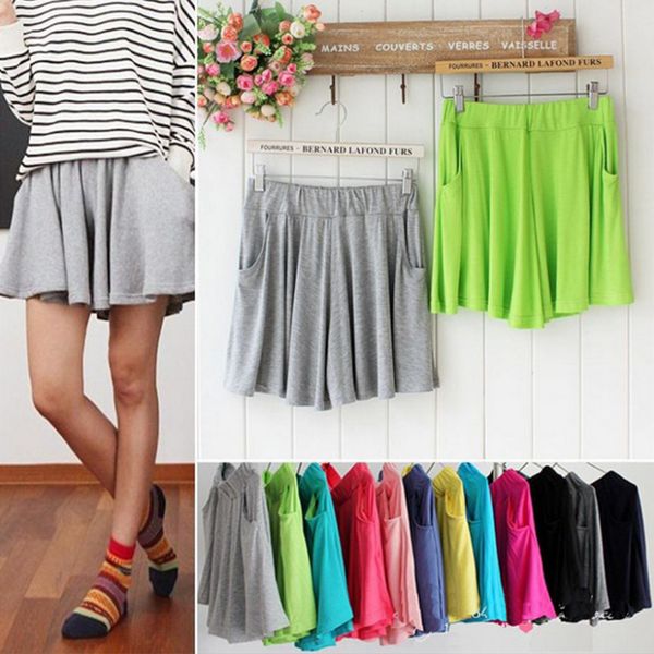 

high waist pleated wide leg skirt women shorts candy color beach loose modal cotton casual short feminino, White;black
