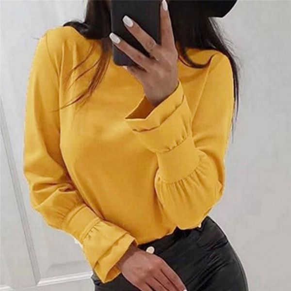 

elegant womens loose blouse fashion petal sleeve o neck shirts ladies spring autumn casual shirts solid color female blusas, White