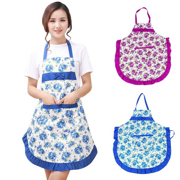 

women bib floral print bowknot kitchen restaurant cooking pocket dress apron