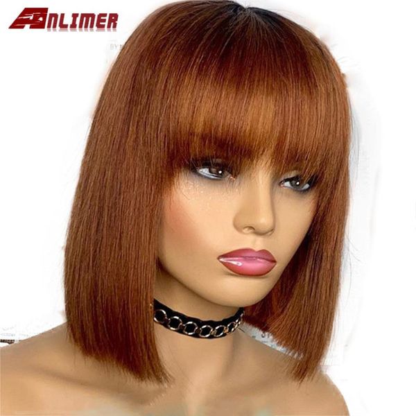 

13x4 #30 blonde short bob cut lace front human hair wigs with bangs 8-16 preplucked straight short bob wig brazilian remy, Black;brown