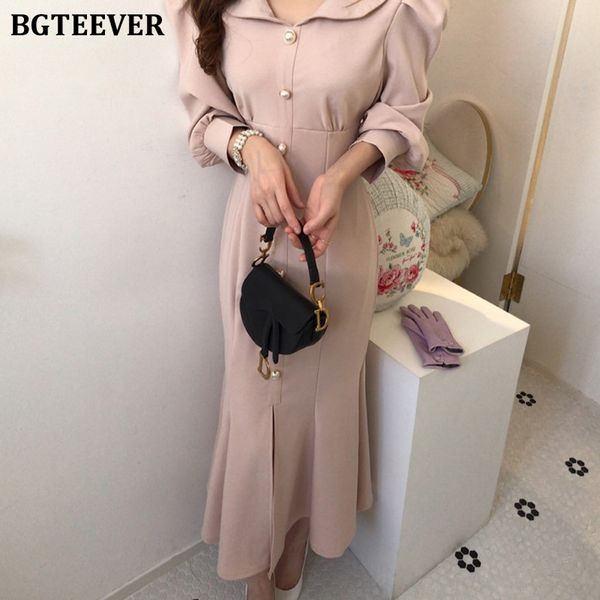 

casual dresses bgteever spring fashion puff sleeve single-breasted women mermaid dress turn-down collar elegant chic split long 2021, Black;gray