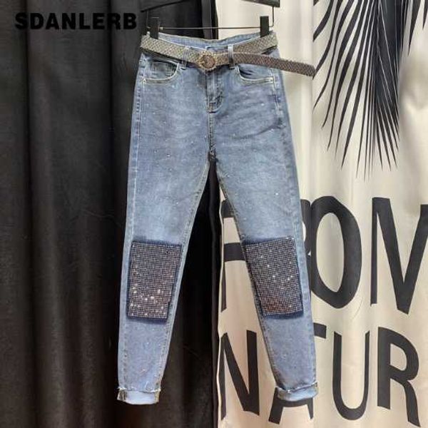 

европейские товары горный хрусталь джинсы женские 2020 весна новый корейский стиль высокой талией джинсовые брюки карандаш женские джинсы жа, Blue