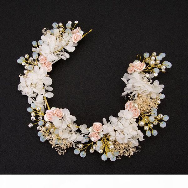 

luxury bride hair accessories pink flower crystal bridal headband pearl floral beach wedding tiara hair jewelry headpiece party
