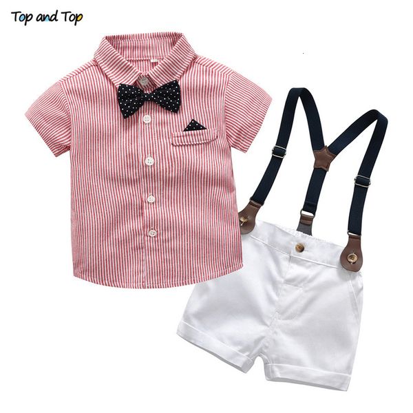 

baby boy gentleman clothes set summer suit for toddler striped shirt with bow tie+suspenders white shorts formal boys clothes t191024