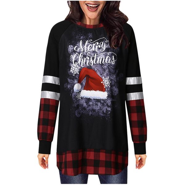 

christmas women tunic long shirts plus size winter autumn plaid printing patchwork o neck blouse shirt chemisier femme, White