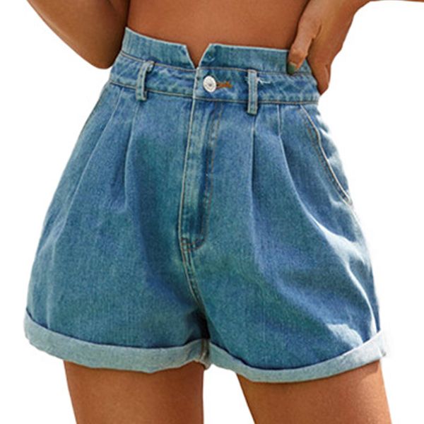 

women's jeans fashion short for women lantern high waist summer zipper button pocket shorts, Blue