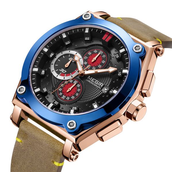 

megir men's sports watch quartz watches calendar luminous waterproof leather strap 2098g, Slivery;brown