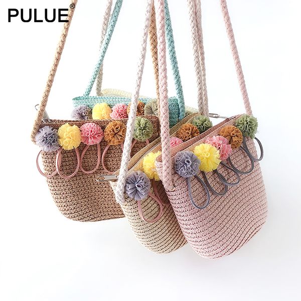 

handmade children shoulder bag exquisite flower straw bag messenger kids keys coin purse cute princess handbags, White