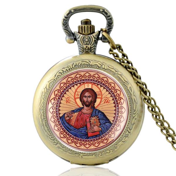 

vintage bronze eastern orthodox church quartz pocket watch classic men women pendant necklace gift, Slivery;golden