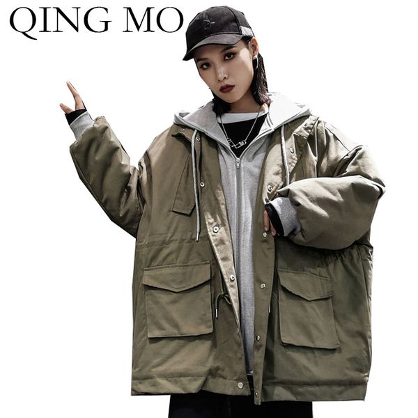 

qing mo army-green black women hooded coat 2019 women safari coat drawstring outerwear female fake two pieces set zqy2162