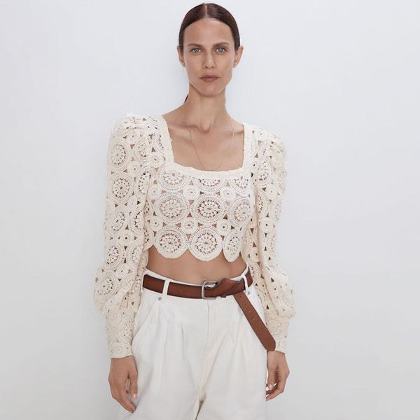 

jastie textured weave square collar puff sleeve knitted women pullover jumper short hollow knitting sweater blusa, White;black