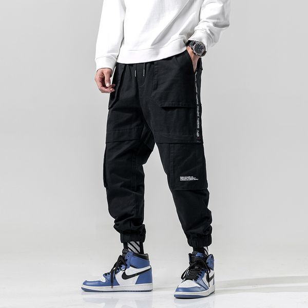 

western style color patchwork multi-pockets men's jogger trousers hip hop spring male harem pants ribbons fashionable streetwea, Black