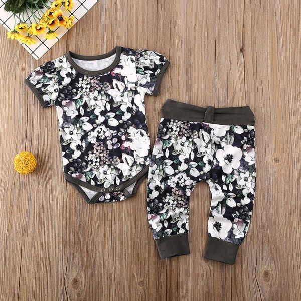 

baby girl clothes set toddler infant newborn summer sweet short sleeve bodysuit flower floral pants clothing outfit 2pcs, White