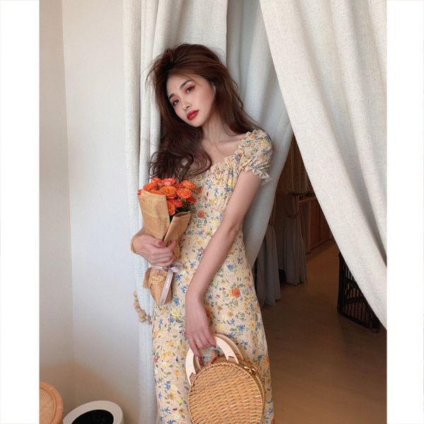 

net red 2020 summer new korean oil painting gentle printed dress temperament retro warm color midi skirt tide