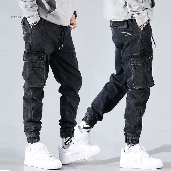 

japanese fashion men jeans black gray loose fit multi pockets cargo pants harem trousers streetwear hip hop jeans men joggers, Blue